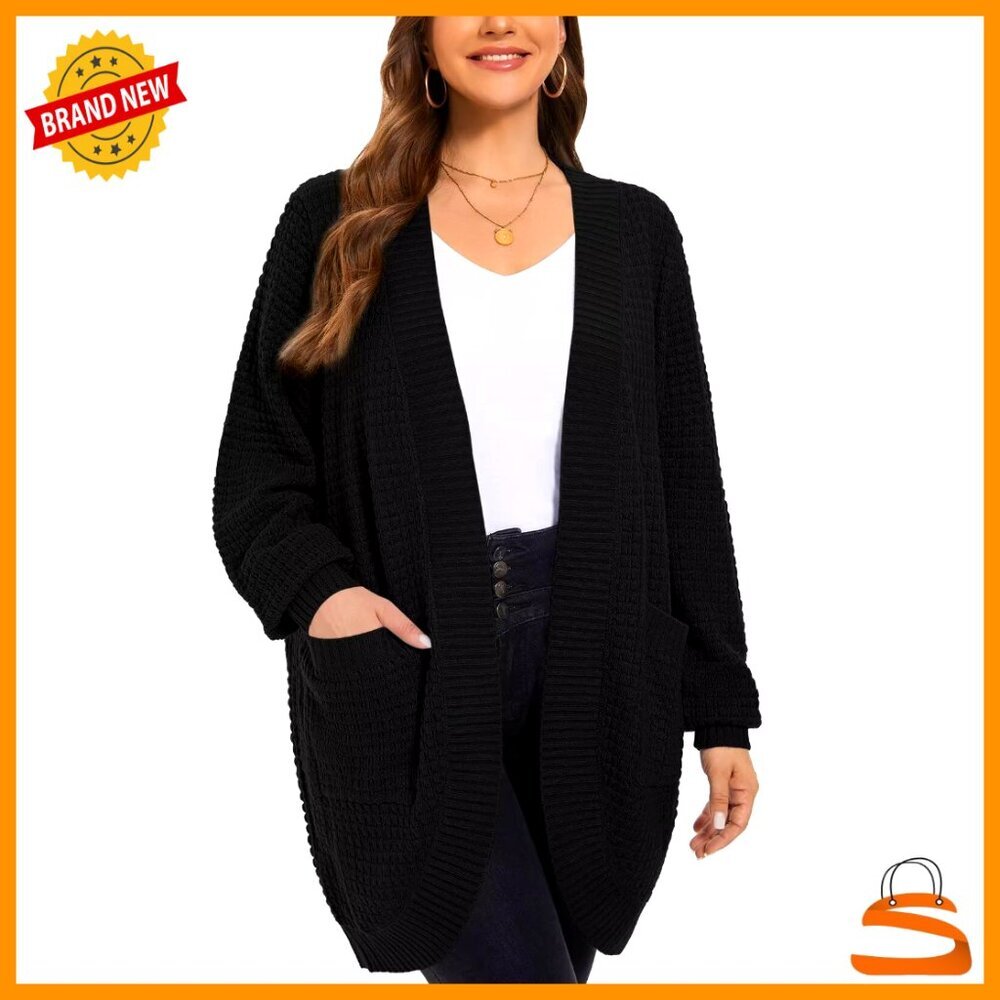 Oversized Waffle Knit Cardigan Open Front Loose Fit Plus Size Sweater Pockets